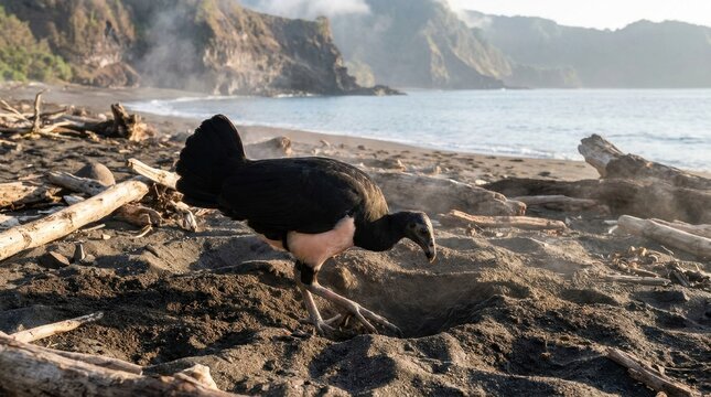 Endangered Maleo Bird Digging its Nest Hole in Volcanic Black Sand on a Tropical Indonesian Beach