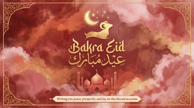 Bakra eid mubarak greeting card with mosque silhouette, crescent moon, and goat illustration on a red cloudy background