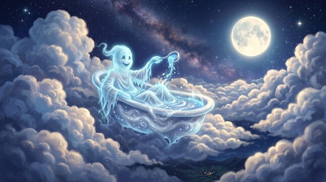 Whimsical illustration of a friendly glowing ghost taking a bath in a floating bathtub among fluffy clouds under a full moon and starry night sky with the milky way