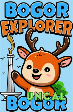 Cute Deer Cartoon with Kujang Monument and Bogor EXPLORER Text