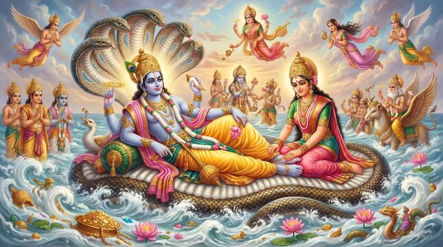 Lord Vishnu and Goddess Lakshmi Resting on Sheshnag in Cosmic Ocean Hindu Mythology Illustration