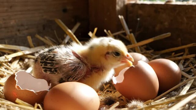 A tiny newborn chick hatches from a cracked eggshell nestled amongst straw and more unhatched eggs within a rustic wooden shelter, symbolizing new beginnings and the cycle of nature