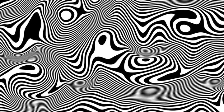Abstract rippled or black lines pattern with wavy vibrant facture on white background and texture. Liquify lines effect. - Vector.