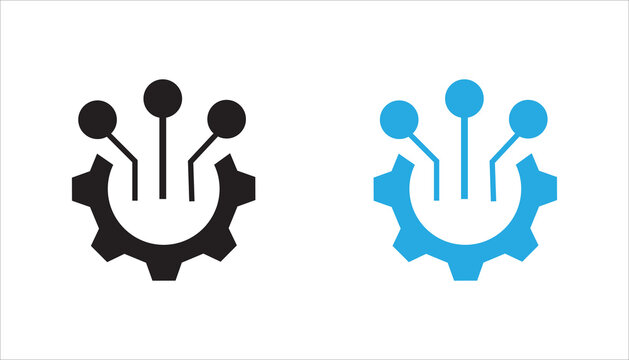 Modern technology gear network icon with connected nodes and cogwheel outline design. Suitable for automation, digital system, engineering, innovation, workflow, and business technology concepts.