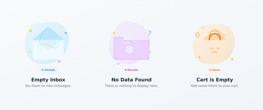 Empty state illustrations for UI design, set of 3 vector icons for empty inbox, no data found, and empty shopping cart, pastel flat web elements
