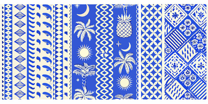Blue and cream retro pattern with tropical motifs pineapples palm trees and geometric shapes