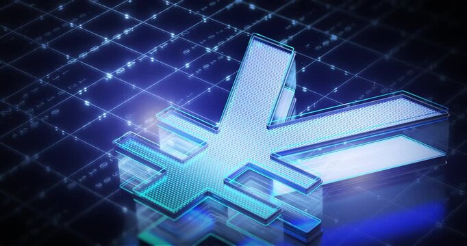  Abstract Japanese currency concept featuring a luminous yen icon in a cyber technology environment.