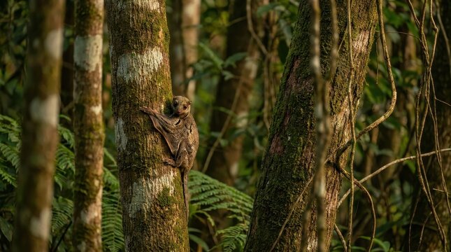 Wild Sunda Flying Lemur Clinging to a Tree Trunk in Tropical Rainforest