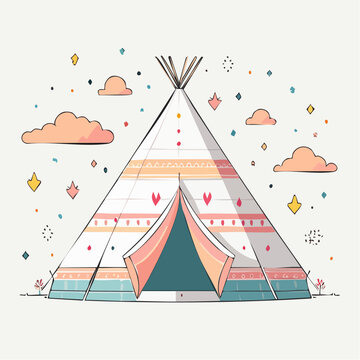 Boho Teepee Illustration with Clouds and Stars