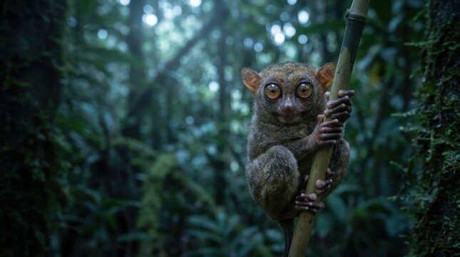 Tarsier Clinging to Bamboo Stalk in Lush Tropical Rainforest, Philippine Tarsier with Large Nocturnal Eyes in Wild Jungle Habitat