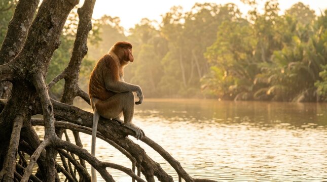 Male Proboscis Monkey Sitting on Mangrove Roots by a River at Sunset in Borneo - Endangered Wildlife in Tropical Rainforest