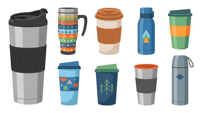 Collection of diverse reusable travel mugs and thermal flasks for hot and cold beverages on a white background