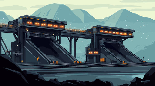Industrial dam with water sluice gates against mountains, digital art