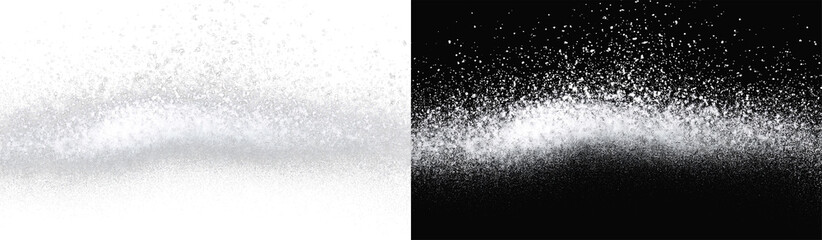 Realistic white sand sprinkle set, atmospheric flowing dust particles and cinematic grainy wave on contrast backgrounds © Maxim