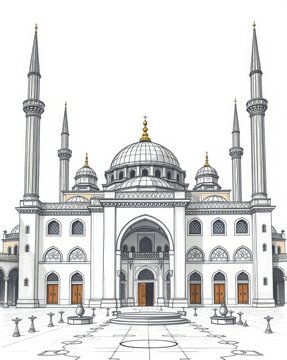 Black and white illustration of a classical Turkish mosque with multi-domed silhouette