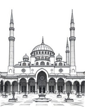 Ottoman imperial mosque ink illustration with cascading semi-domes and pencil minarets