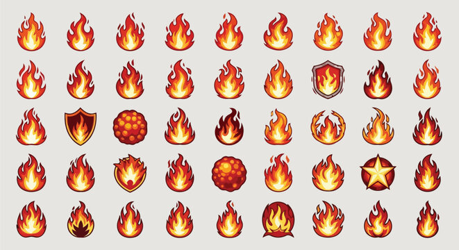Collection of flame icons and fire symbols