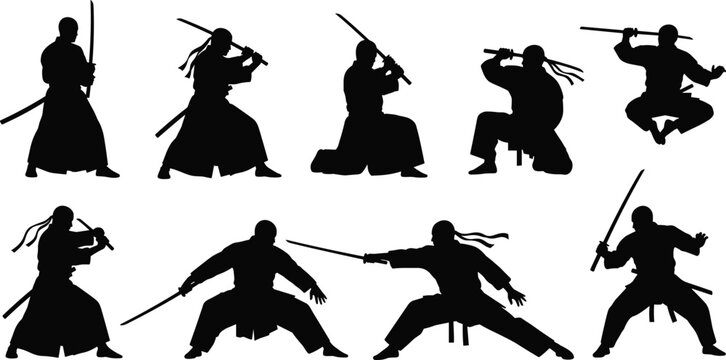 Samurai Warrior Silhouette Vector Set Featuring Various Poses and Action Stances for Graphic Design and Martial Arts Projects