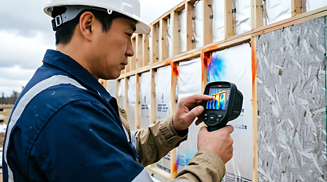 Man using infrared thermometer on construction site