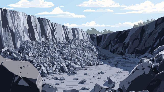 Rocky canyon with towering cliffs, scattered rocks, and cloudy sky