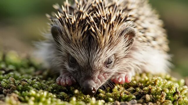 An endearing juvenile hedgehog, its soft fur and tiny paws poised cautiously amidst lush green moss and dappled sunlight, evokes a sense of gentle curiosity and woodland enchantment for nature