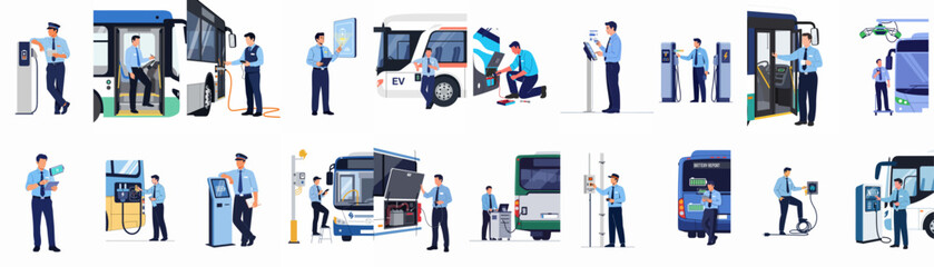 Comprehensive flat illustration collection of electric bus personnel managing vehicle charging, maintenance, and technical monitoring for sustainable urban public transportation. © Asep