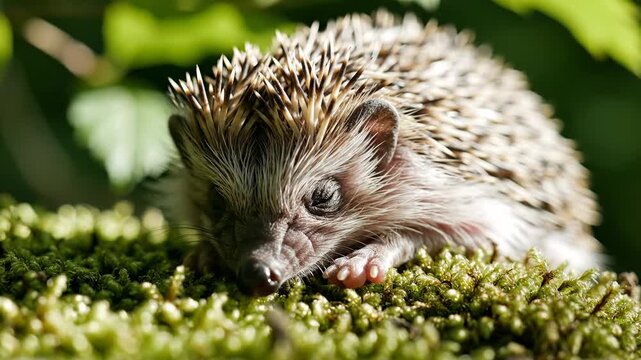 A small, spiky hedgehog peeks out from its natural habitat, its endearing face and textured quills conveying innocence and the charm of wildlife thriving amidst verdant foliage under gentle