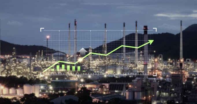 Aerial night view of industrial facility oil refinery storage tanks and processing infrastructure. Upward-trending financial graph overlays scene, symbolizing industry growth and rising petrol prices.
