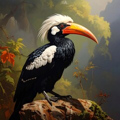 Obraz premium A vibrant bird with a large orange beak perches on a tree stump