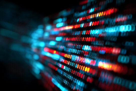 Angled View of a Luminous Binary Data Stream in Glowing Red and Blue
