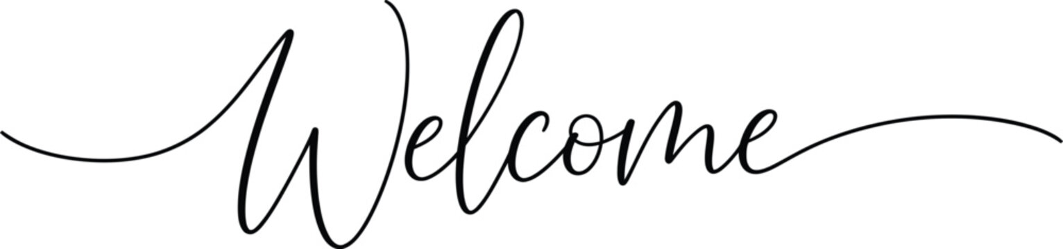 Elegant welcome sign in black cursive script on white background