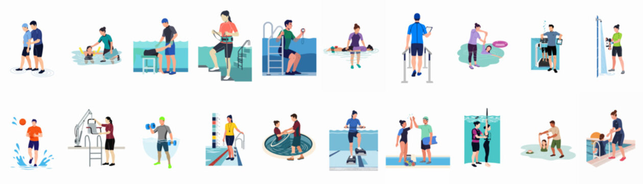 Comprehensive Flat Illustration Set of Hydrotherapy, Aquatic Rehabilitation, and Water Exercises Featuring Patients and Therapists in Various Pool Settings