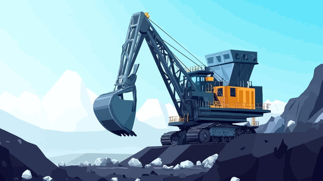 Large excavator working on rocky terrain in cold landscape