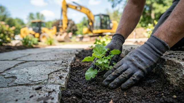 Worker hands planting seedling in garden perfect for landscape agriculture organic farming and environmental growth