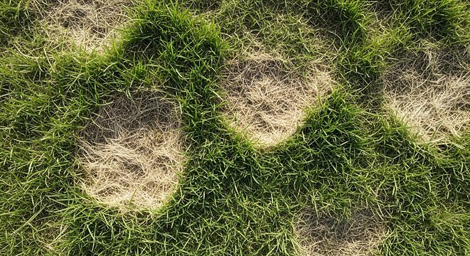 Dead circular patches of grass in a lawn affected by fungal disease