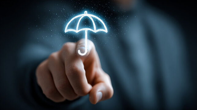 Person interacting with glowing digital umbrella icon for insurtech symbolizing protection and technology in insurance