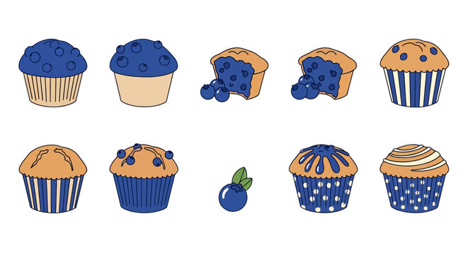 Blueberry Muffin Cupcake Vector Illustration Set