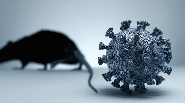 A model of a virus with spike proteins shows detailed surface structure in sharp focus, while a blurry silhouette of a rat is in the background
