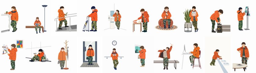 A collection of flat vector illustrations featuring a young boy in an orange puffer jacket and camo pants in various everyday life situations. © Asep