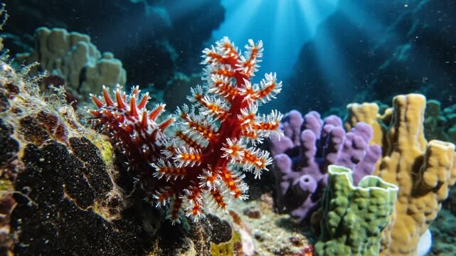 Cinematic View of a Vibrant Tropical Coral Reef with Sunlight Filtering Through Deep Blue Water.