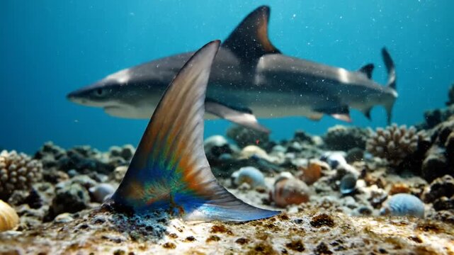Cinematic Underwater Footage of a Shark Swimming Over a Vibrant Coral Reef Floor.