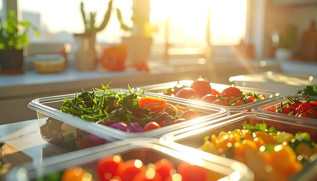 A kitchen counter with various vegetables in containers (2)