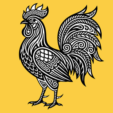Ornamental tribal rooster blackwork illustration