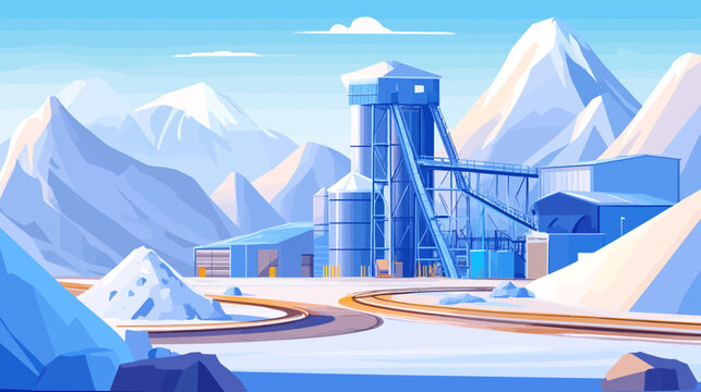 Snowy mountain landscape with industrial mining facility in foreground