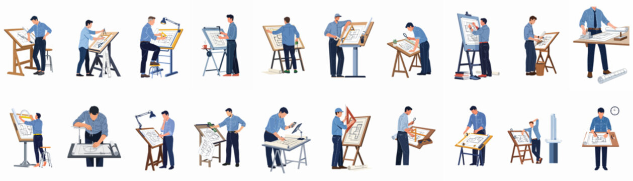 Collection of flat vector illustrations depicting professional architects and engineers working on technical blueprints and architectural drawings at drafting tables.