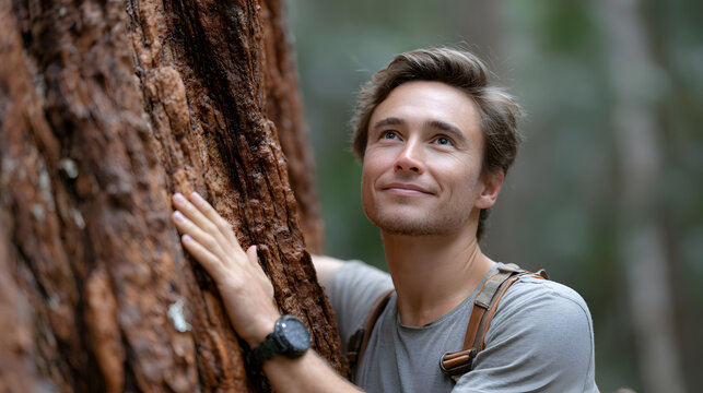 Young man admires large tree trunk in forest, wearing casual clothing and a watch, with blurred greenery in the background. Selective focus