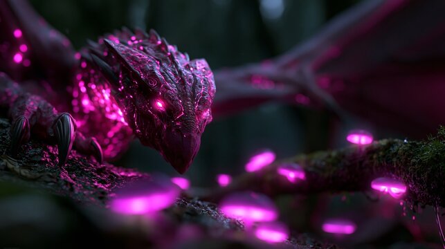 Dragon, a fantasy, is with glowing pink skin, large wings, and sharp claws is in a dark forest. 