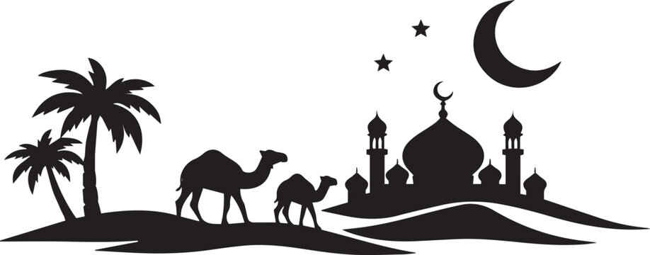 Black silhouette of mosque with camels and palm trees Vector