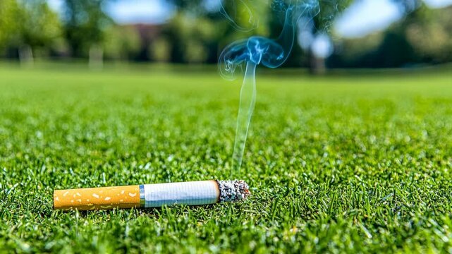 A lit cigarette rests on a vibrant green lawn as smoke gracefully curls into the air.
