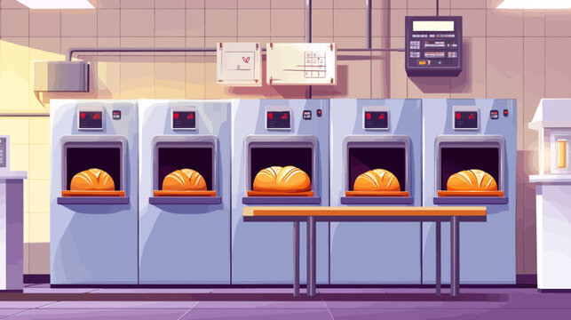 Industrial bakery with five bread ovens and loaves on trays